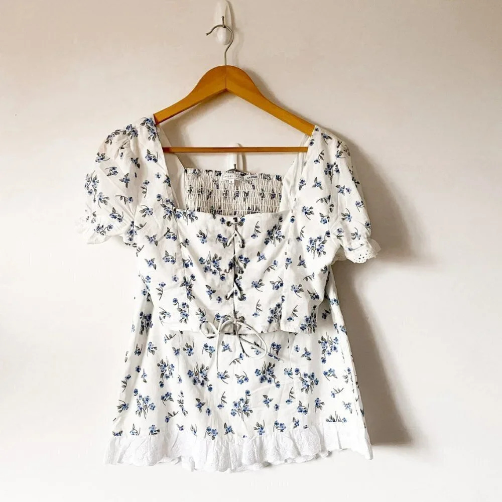 Emory Park Blue Ditsy Floral Eyelet Lace Detail Two Piece Mini  Skirt Set Sz S
